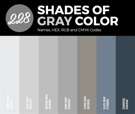 228 Shades of Gray Color (Names, HEX, RGB, & CMYK Codes) | Grey color ...