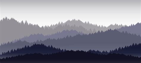 Vector illustration of dark blue mountain landscape fog and forest ...