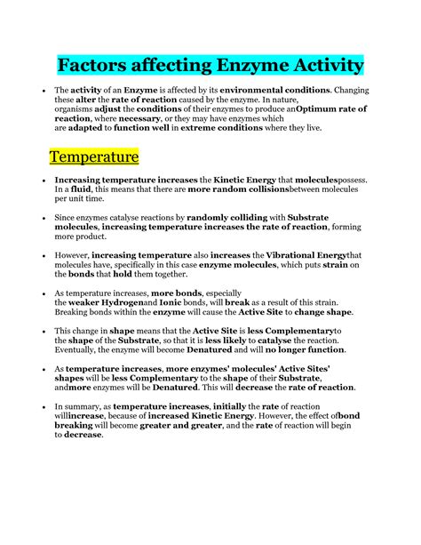 SOLUTION: Factors Affecting Enzyme Activity Study Notes - Studypool