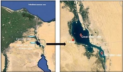 A map of Suez Canal Lakes with a larger view to Bitter Lakes and Fanara ...