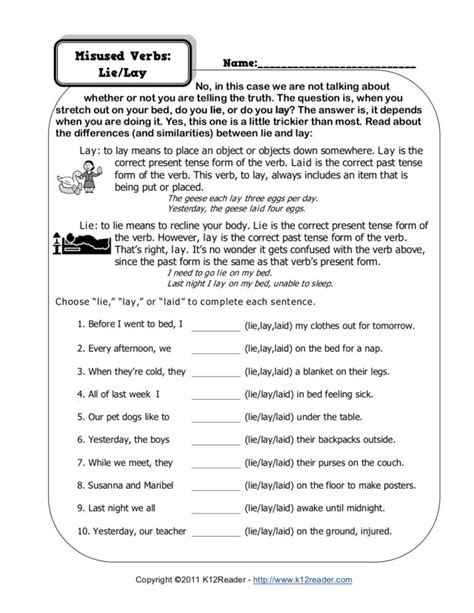 Misused Verbs: Lie/Lay Worksheet for 2nd - 4th Grade | Lesson Planet