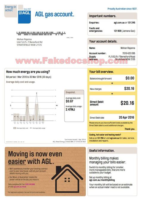 Australia AGL Gas Utility Bill Template - Fakedocshop