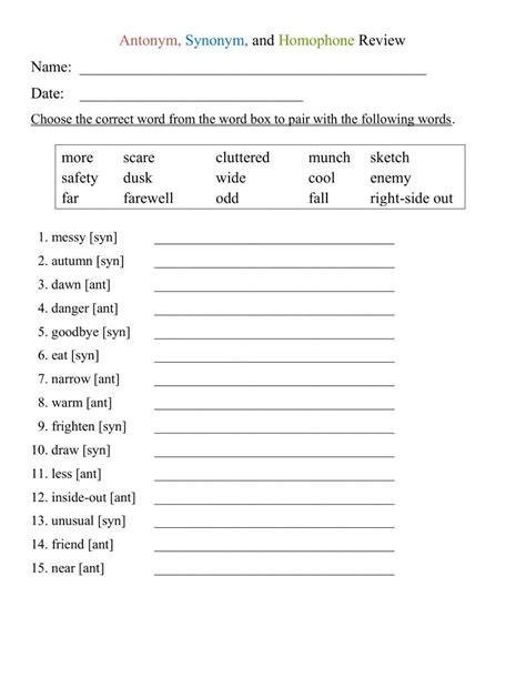 Synonyms And Antonyms Worksheets For Grade 6