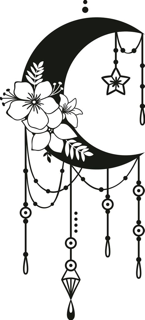 a crescent with flowers hanging from it's side and the moon in the ...