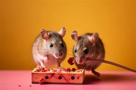 Premium Photo | Two rats eating a piece of cheese with one eating it.