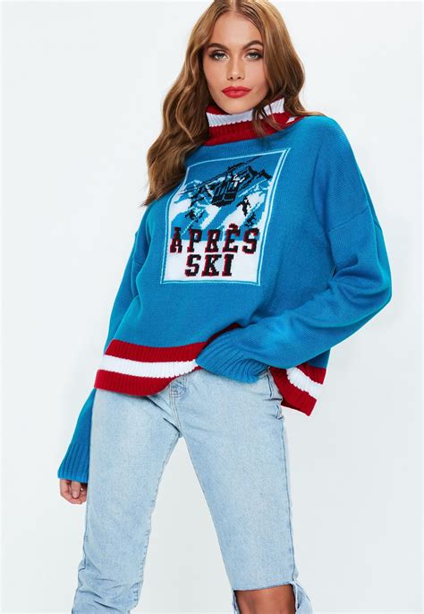 Blue High Neck Apres Ski Christmas Jumper | Apres ski style, Skiing ...