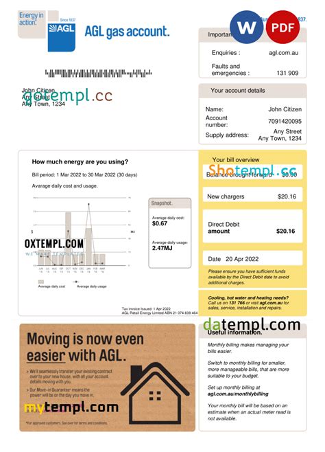 Australia AGL gas utility bill Word and PDF template, version 2