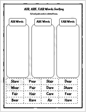 AIR, ARE, EAR Phonics Words Sorting Worksheet - EnglishBix