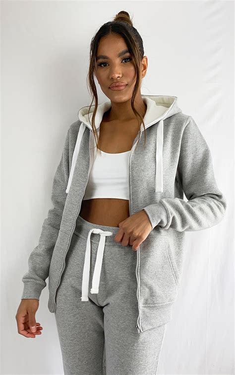 Light Grey Zip Through Thick Drawstring Hoodie | PrettyLittleThing