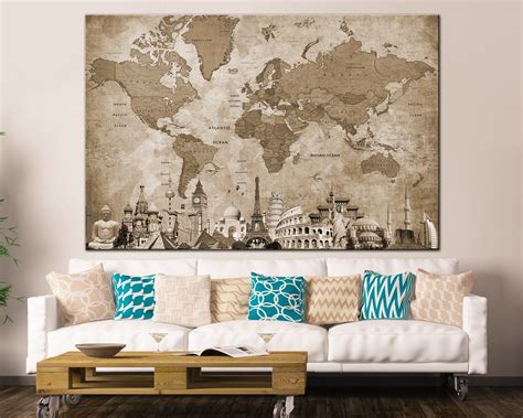 Old World Map On Canvas Travel Map Old World Map Brown Art | Etsy