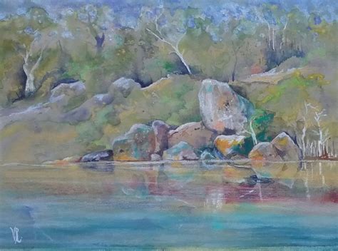 an oil painting of rocks and trees by the water