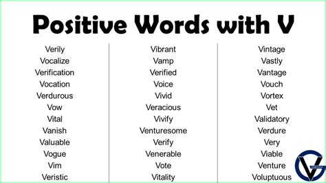 Positive Words Starting With V - GrammarVocab