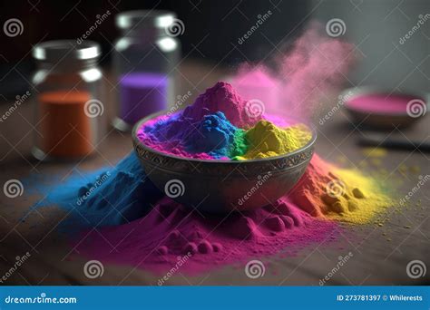 Colorful Holi Powder in Bowl on Wooden Table, Closeup on the Table ...