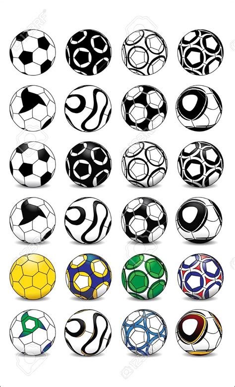 Different football soccer ball designs in black and white, shaded ...