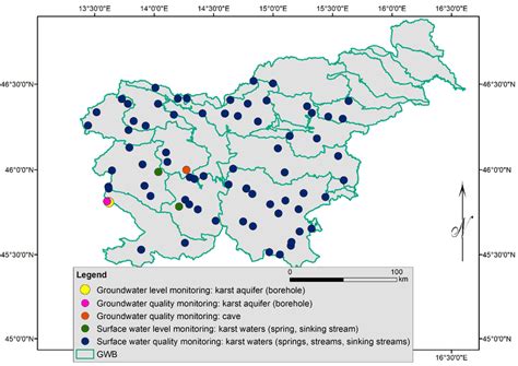 Map showing monitoring points for karst aquifers in Slovenia (ARSO ...