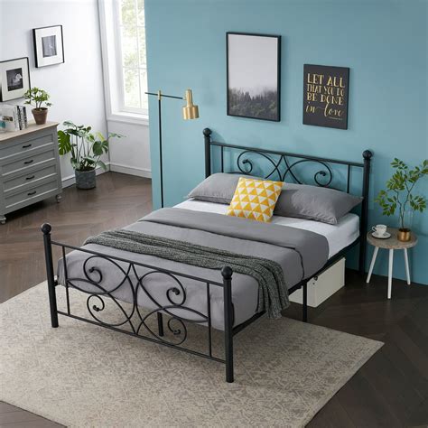 Queen Size Victorian Black Metal Platform Bed Frame with Headboard and ...