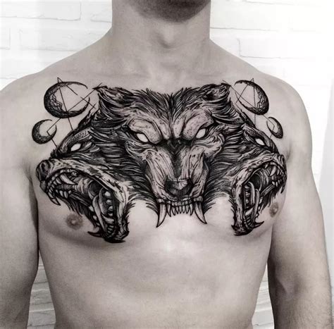 Cerberus Blackwork Chest Tattoo - TATTOOGOTO