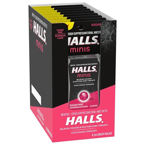 Halls Minis Watermelon Flavor Sugar Free Cough Drops, 8 Packs of 24 ...