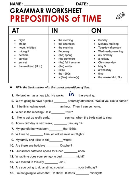 Fun English Grammar Worksheet: Prepositions of Time