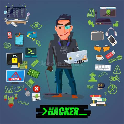 Hacker or Programmer Character Design with Icon Set Come with ...