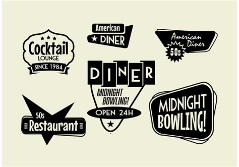 Isolated colorful 50s diner restaurant and other retro signs for drinks ...