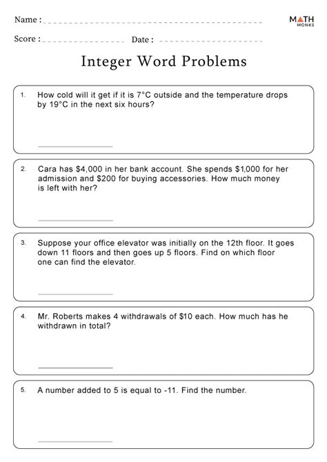 Integer Word Problems Worksheets - Math Monks