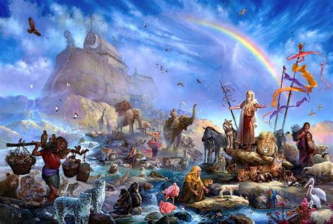 HD wallpaper: Noah's Ark painting, animals, people, rainbow, art ...