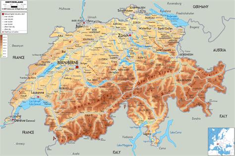 Large physical map of Switzerland with roads, cities and airports ...