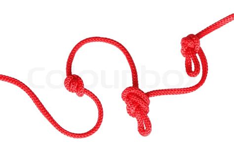 Closeup of red rope with knots isolated on white background with ...