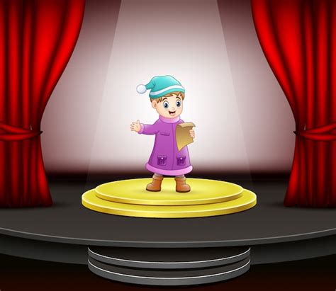 Premium Vector | Cartoon of little boy singing on the stage