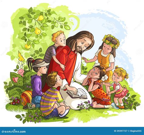 Jesus Reading The Bible With Children Stock Vector - Illustration: 39397727