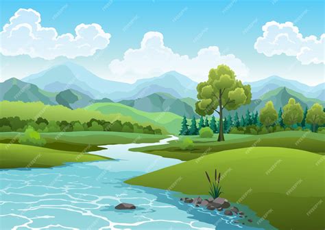 Premium Vector | Landscape with river flowing through hills, scenic ...