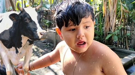 Cute Boy Bathing & Playing with Fish || Cow sounds Moo || Funny Boy ...