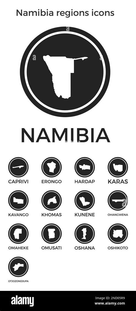 Namibia regions icons. Black round logos with country regions maps and ...