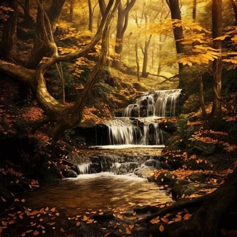 Premium AI Image | A painting of a waterfall in autumn