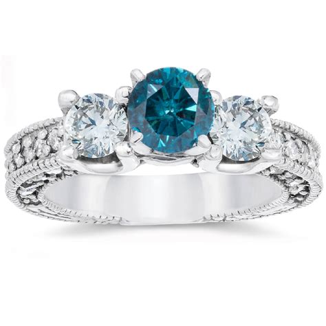 2ct Vintage Blue Diamond Engagement 3-Stone Ring 14K White Gold