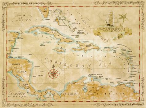 Antique Style Vintage Old World Treasure Pirate Map of the Caribbean ...