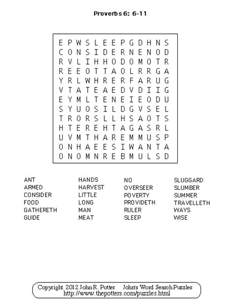 John's Word Search Puzzles: Kids: Proverbs 6:6-11