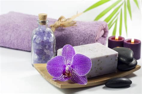 Spa Soap with Towel and Orchids Stock Photo - Image of blossom, massage ...