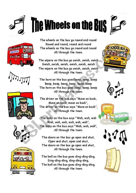 The wheels on the bus - lyric sheet - ESL worksheet by sarahlandrygan ...