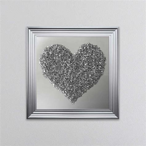 3D Silver Crushed Glass Heart on Mirror Background Framed Wall Art ...