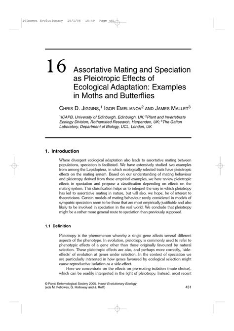 (PDF) 16 Assortative Mating and Speciation as Pleiotropic Effects of ...