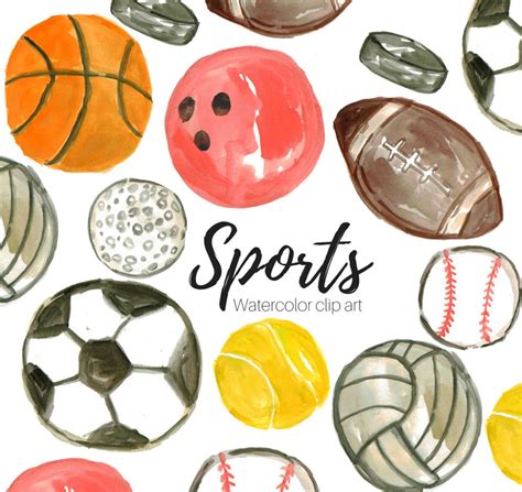 Watercolor Clipart Sports, Sports Balls, Basketball, Football, Baseball ...