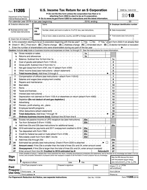 2018 - 2019 IRS Form 1120-S - Editable Online Blank in PDF