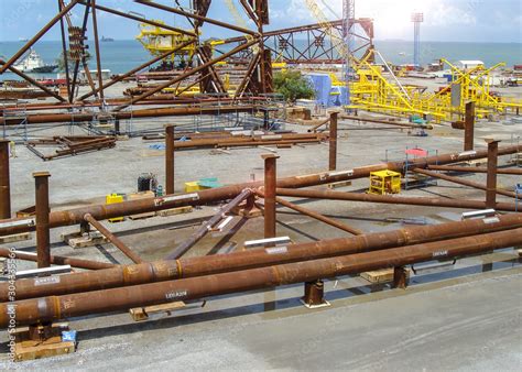 Oil rig platform during construction site in the harbor yard and ...