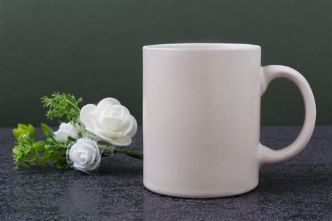 White coffee mug mockup with white roses