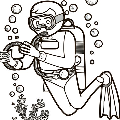 Scuba Diver Coloring Page Black and White · Creative Fabrica