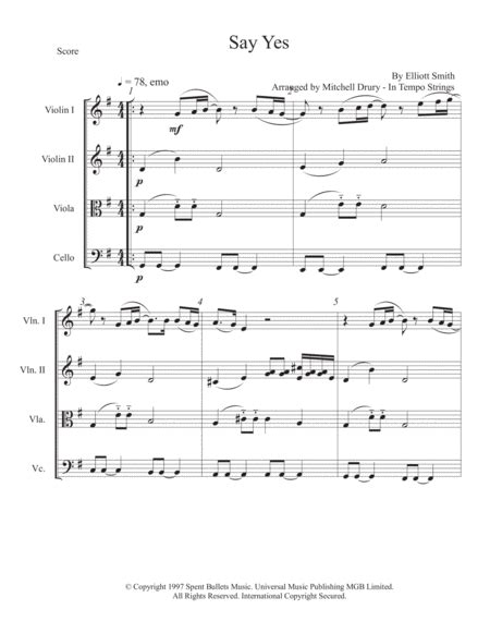 Say Yes (arr. Mitchell Drury) by Elliott Smith Sheet Music for String ...