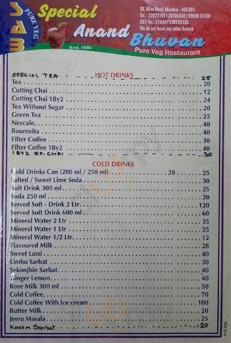 Special Anand Bhavan menù, Mumbai - Main Menu | Sluurpy