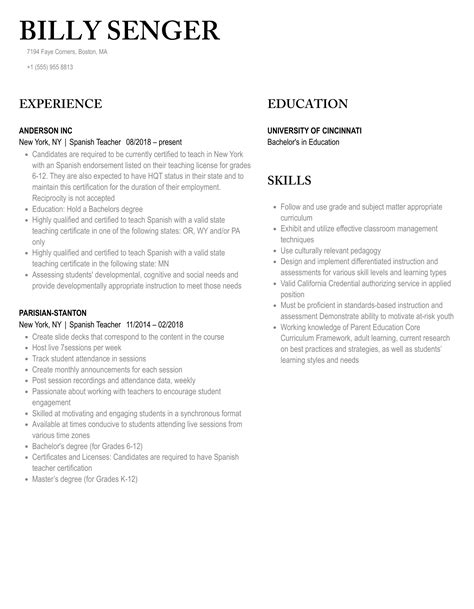 Spanish Teacher Resume Samples | Velvet Jobs